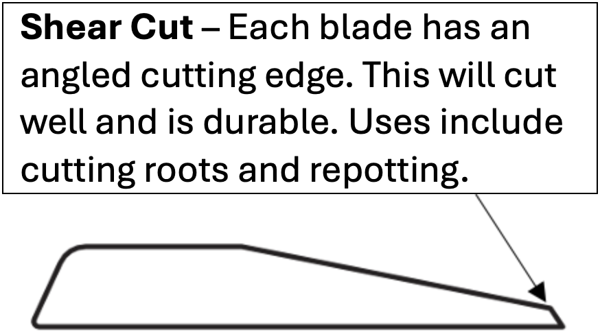 Shear Cut – Each blade has an angled cutting edge. This will cut well and is durable. Uses include cutting roots and repotting.